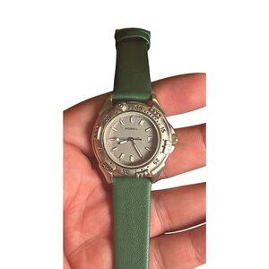 Fossil Watch Womens Green Leather Silver Stainless Steel Date 24hr Gray Quartz